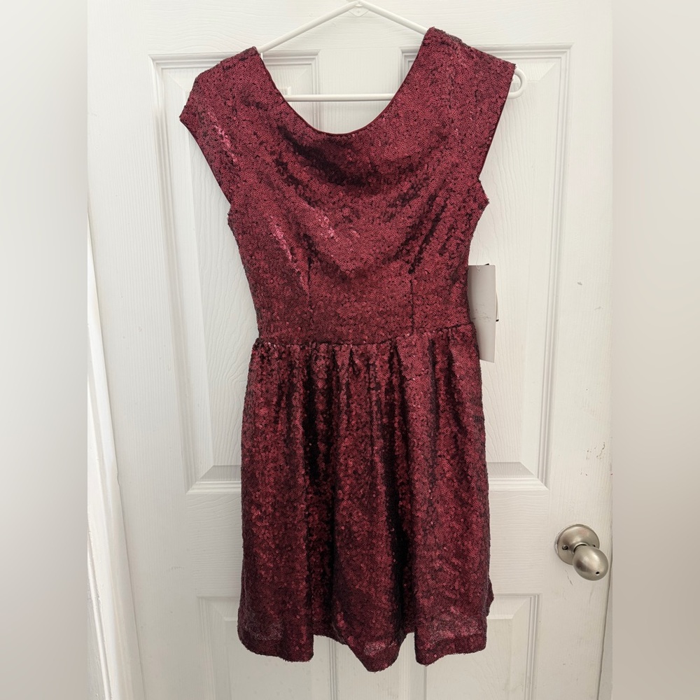 Honey and Rosie Wine Sequin Fit & Flare Dress Size S | Shown on M Model - Picture 5 of 9